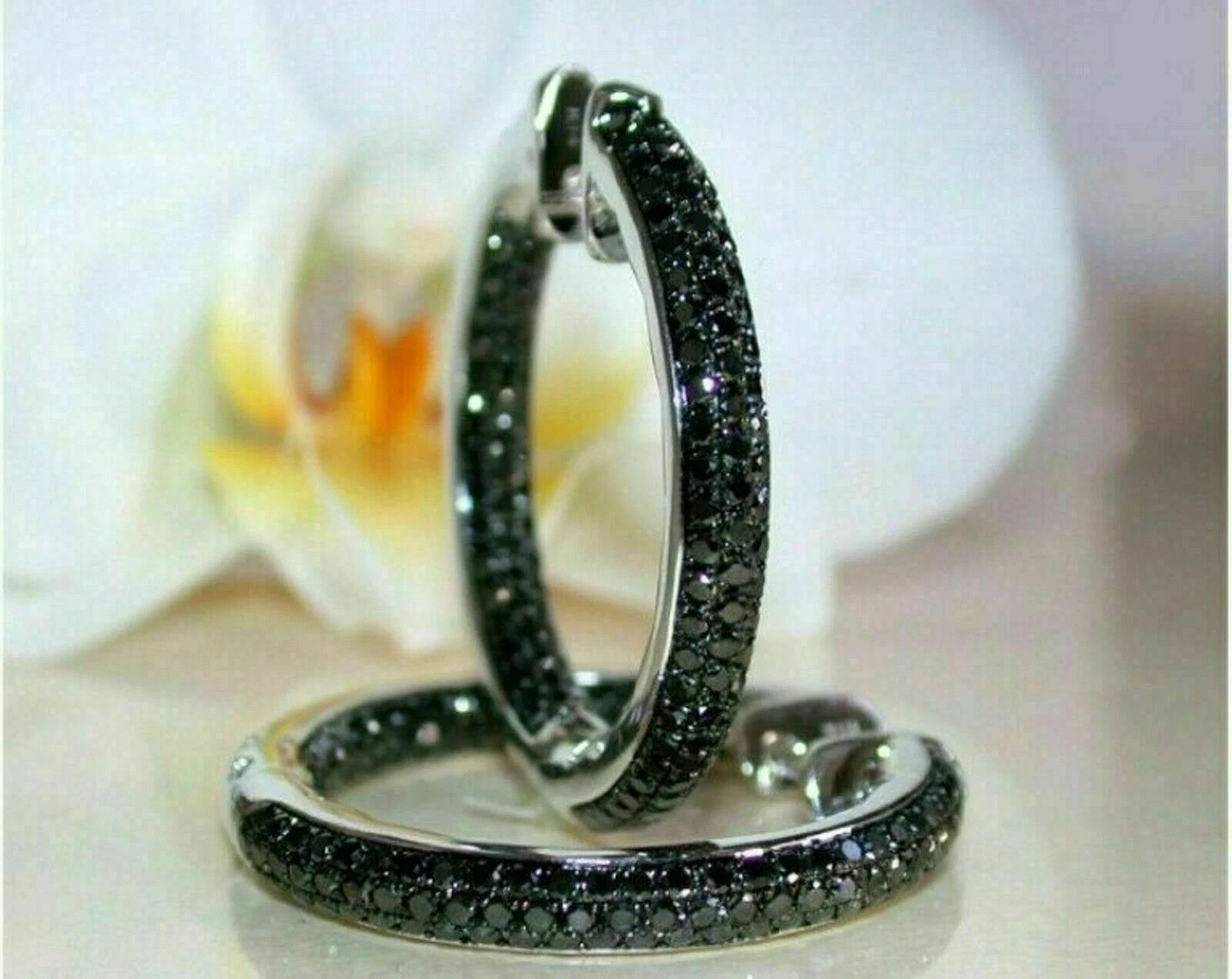 2.000Ct Round Cut Simulated Black Diamond Hoop Earrings 14K White Gold Plated