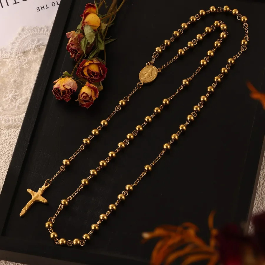 Women’s 18K Gold Plated Stainless Steel Cross Pendant Necklace Artificial Pearl