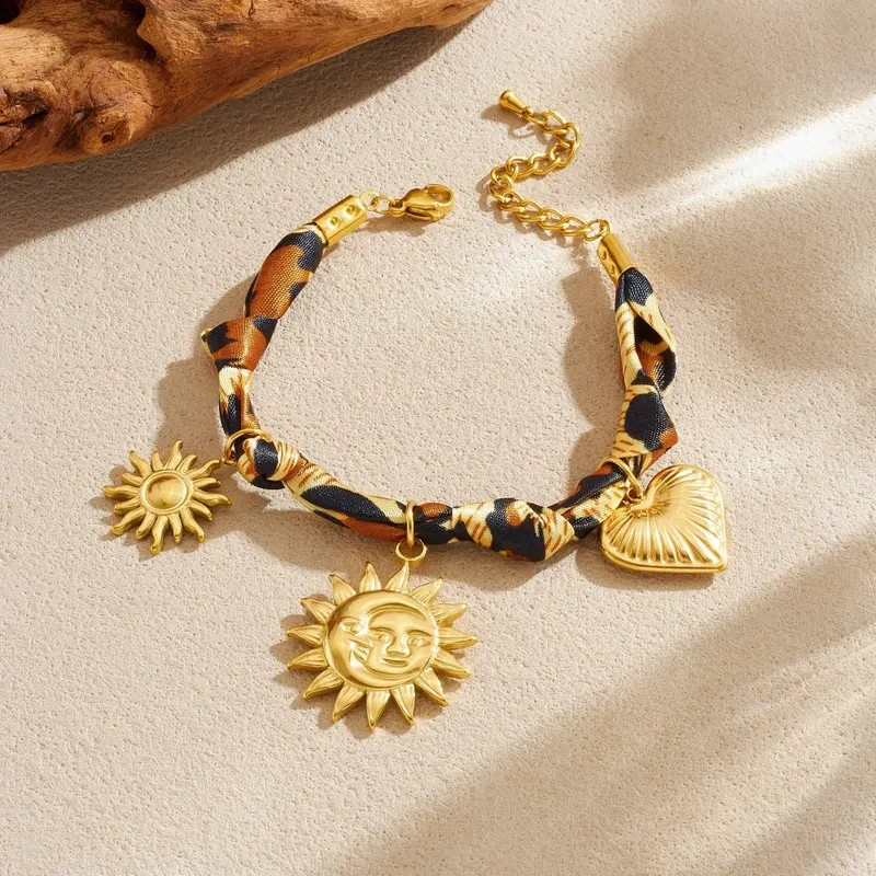 Charm Anklet Bracelet Twisted Braided Scarf Bandana Gold Plated Sun Moon Charms