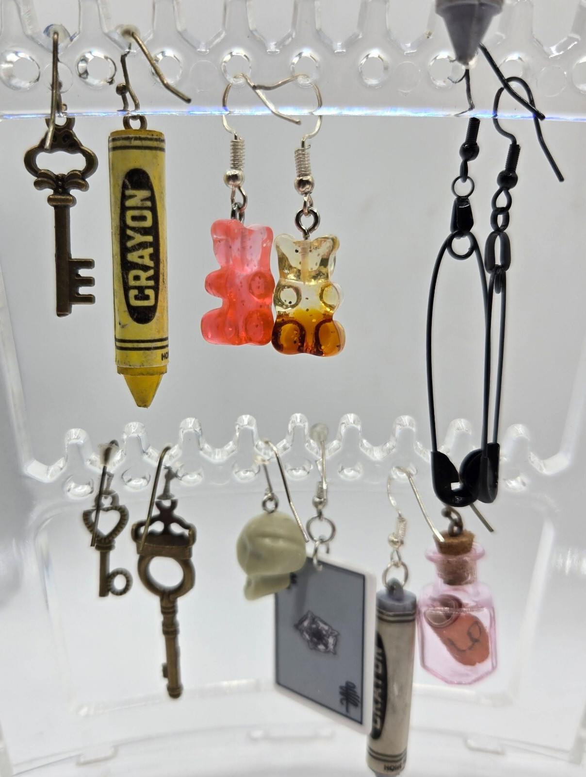 Lot Of 18 Safety Pins, Keys, Bears, Glass DANGLE Mix/Match Novelty Earrings NEW