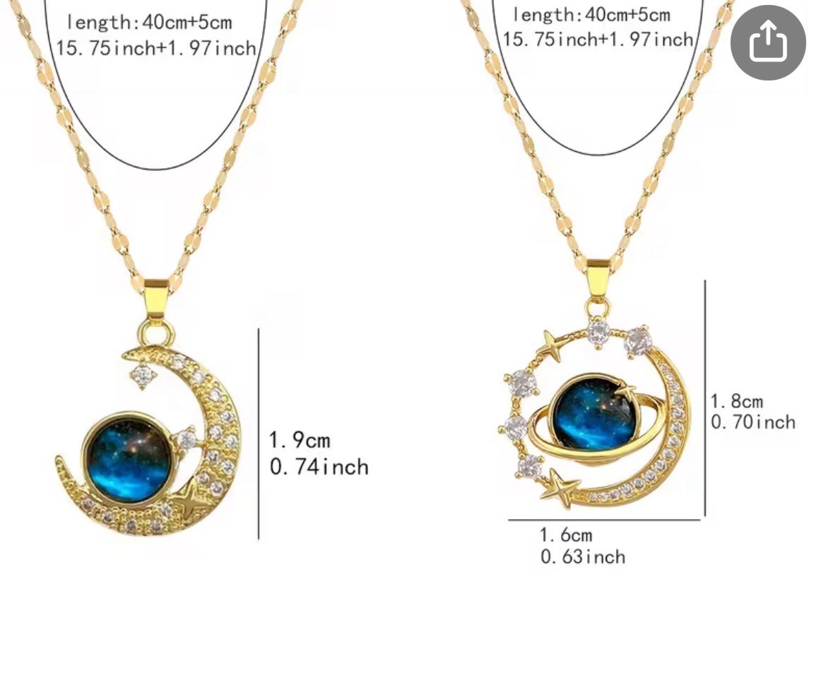 Gold Tone Moon Pendant Necklace Blue Simulated Crystal Cable Chain 40cm+5cm