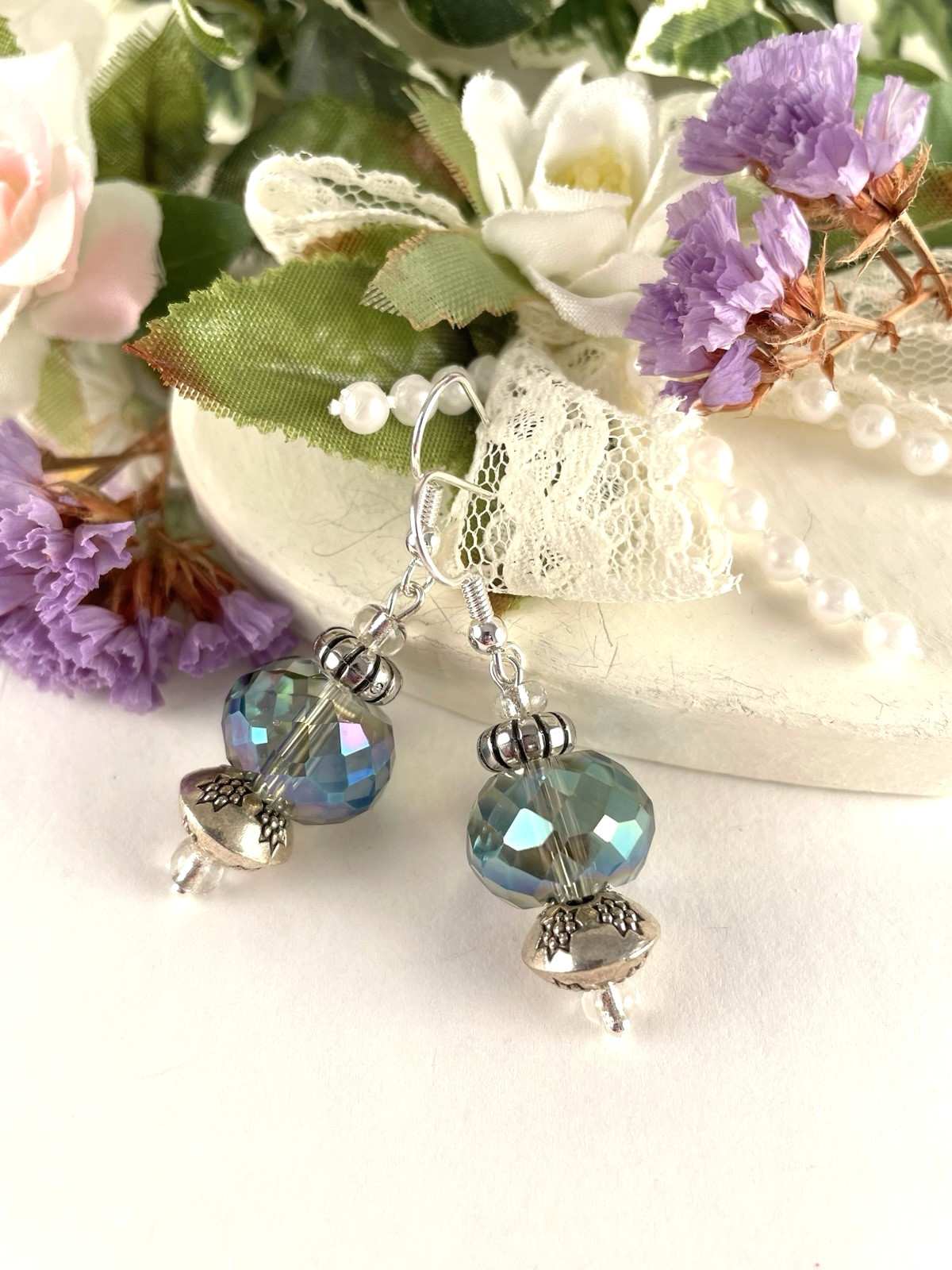 Round Octagon Blue Purple Crystal Silver Hook Earrings Handmade Artisan Jewelry