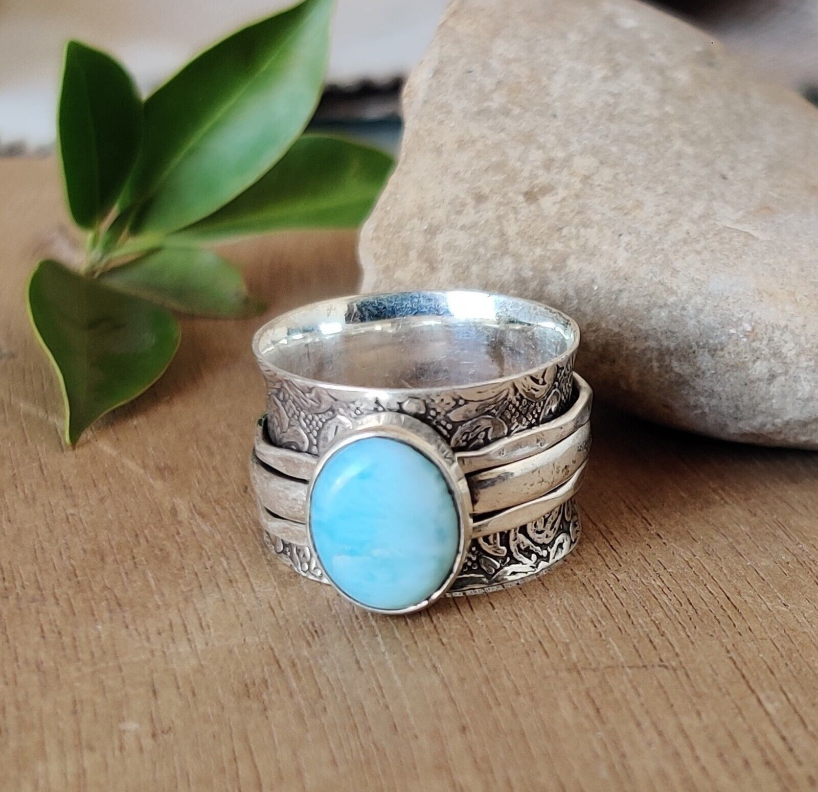 Natrural Larimar 925 Sterling Silver Spinner Ring Handmade Gift For Jewelry A-89