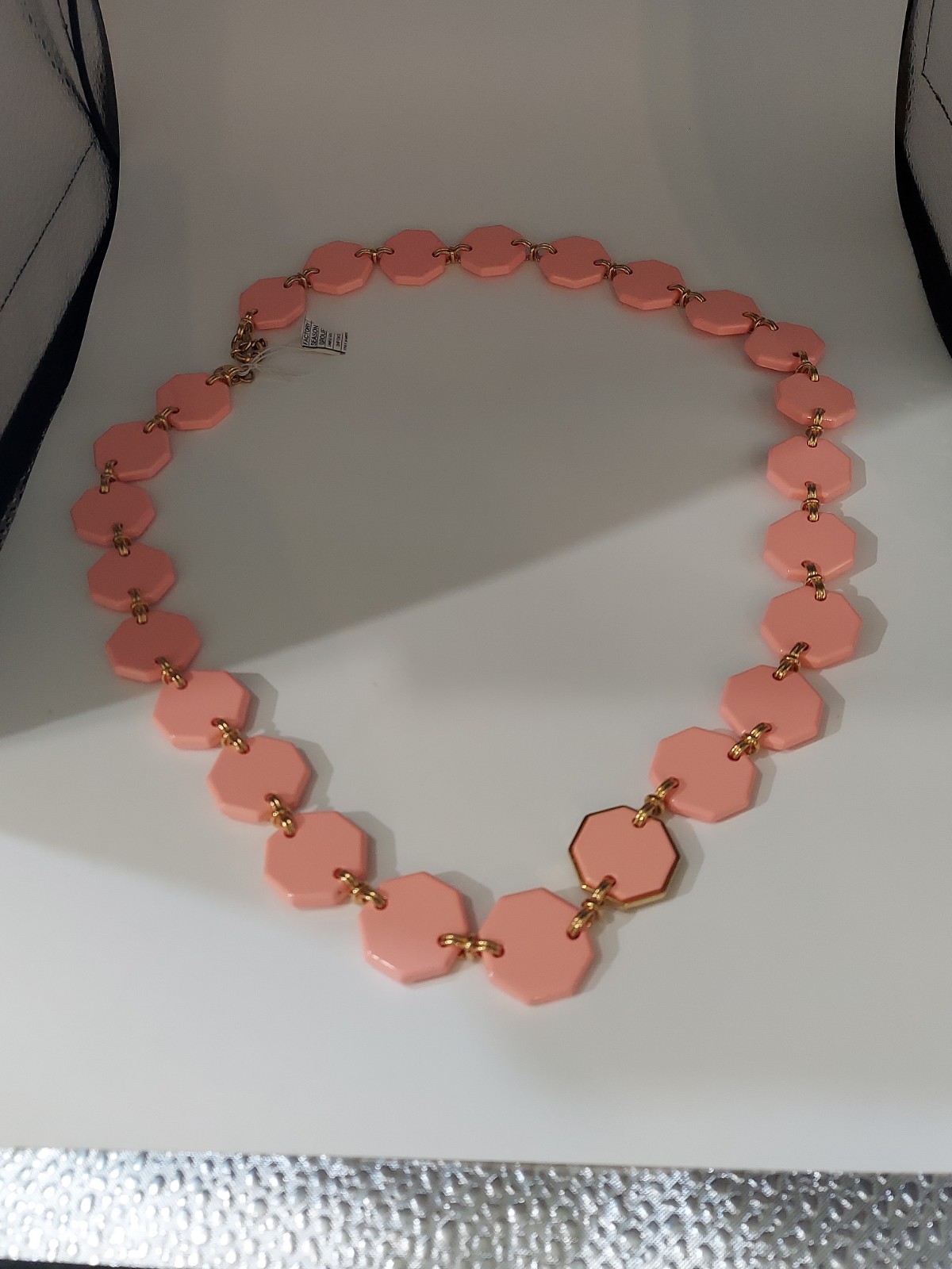 New Marc By Marc Jacobs Salmon Pink Octagon News Gold Tone Necklace 28”