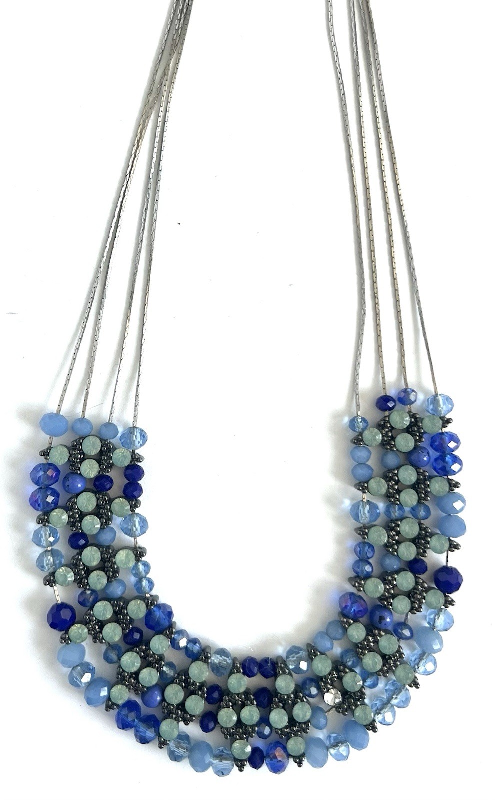Blue Multi Strand Beaded Statement Necklace Bib Collar Faceted Glass Silver Tone
