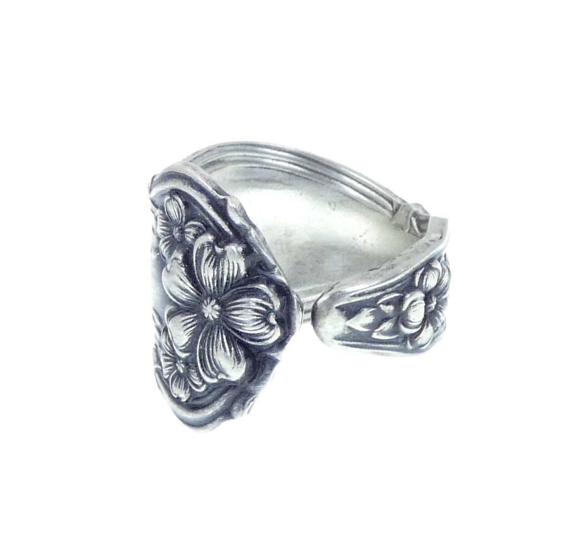 Boho Spoon Ring Multi Flower Design Silver Plated Handmade