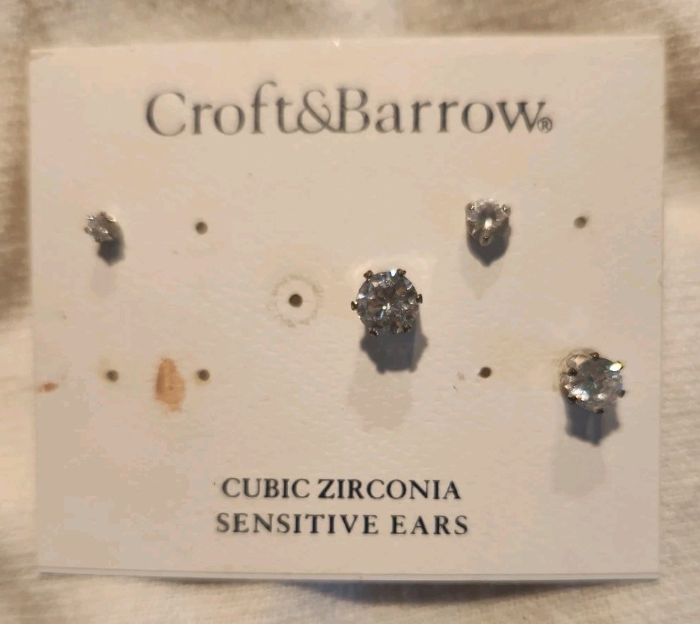 Croft&Barrow Earrings Silver Cubic Zirconia Diamond Look Studs Sensitive Ears