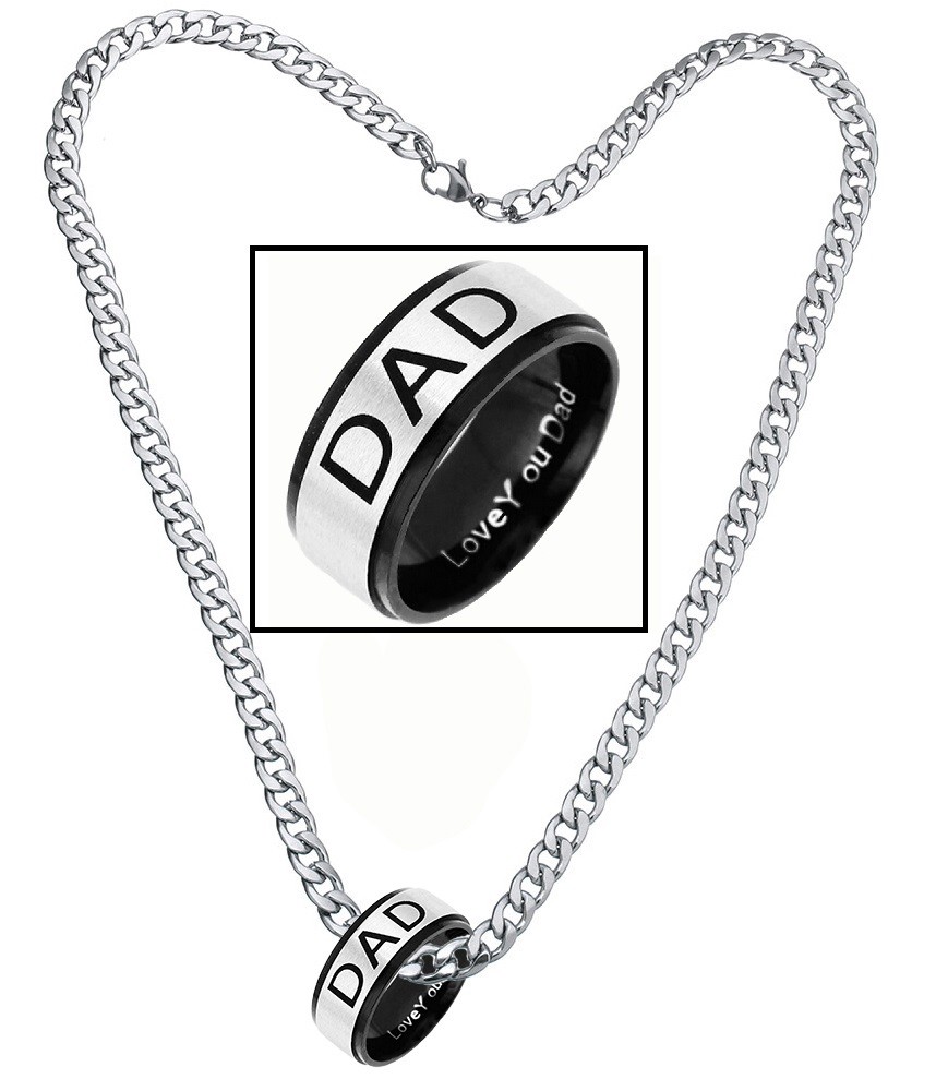 Father’s Day Love You Dad Stainless Ring With 24″ Curb Link Necklace D569G