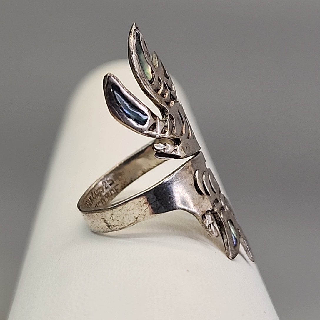 Mexican Abalone Ring 925 Sterling Silver Carved Taxco Chicken Feet Signed 7