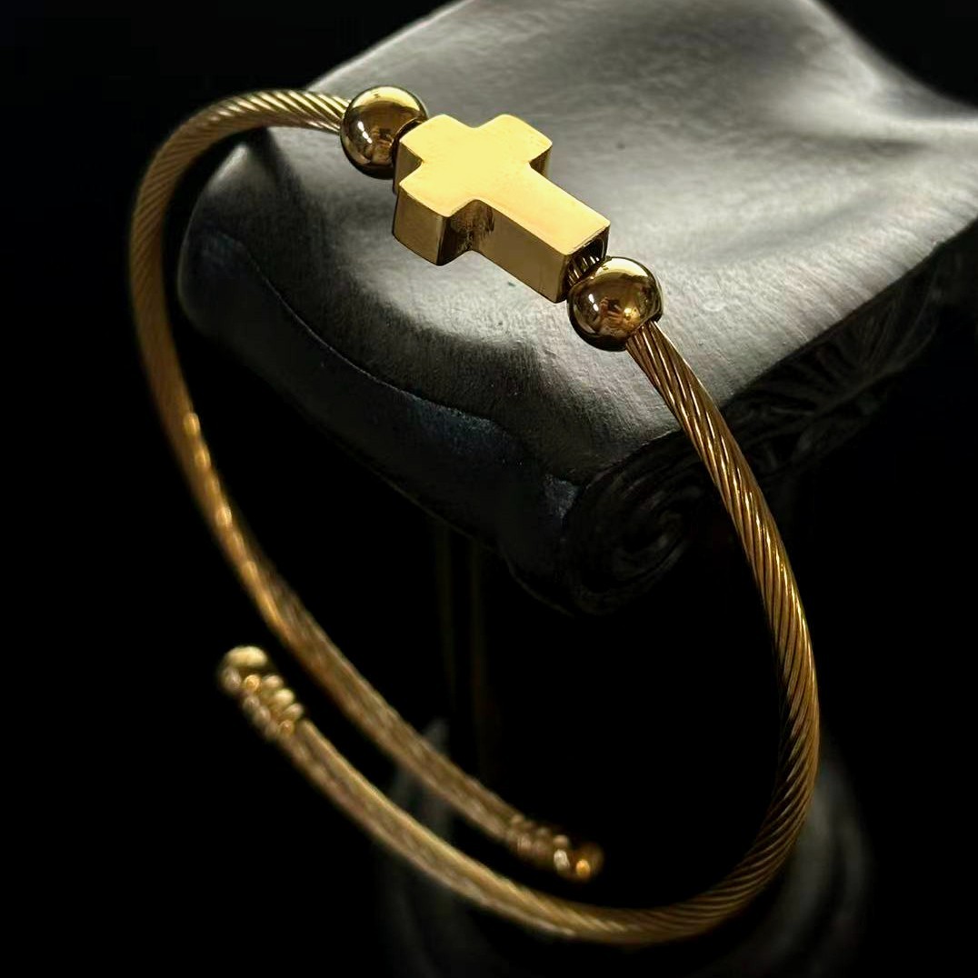 Gold-tone Cross Bangle Bracelet Golden Stainless Steel, 8.2 inch adjustable