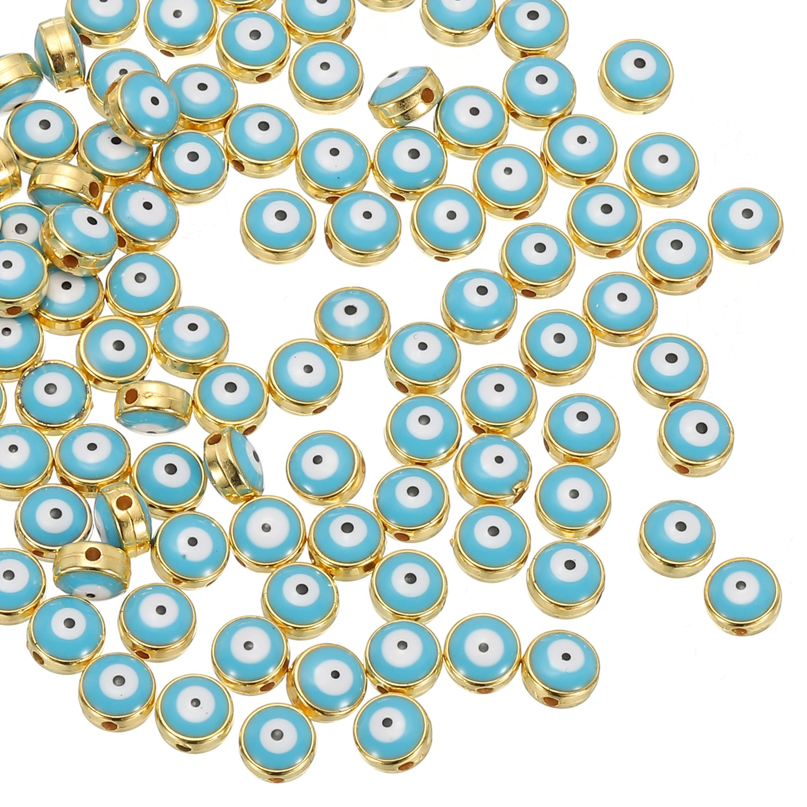 100 Pcs 8mm Flat Round Evil Eye Beads with Golden Edge, Lake Blue