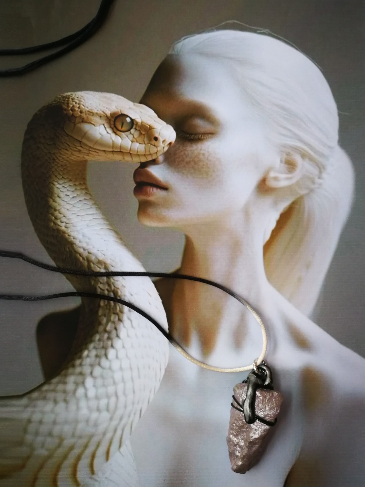 Uncut Gemstone Pendant Necklace Spirit Guide Witch White Snake Amulet Raw Stone