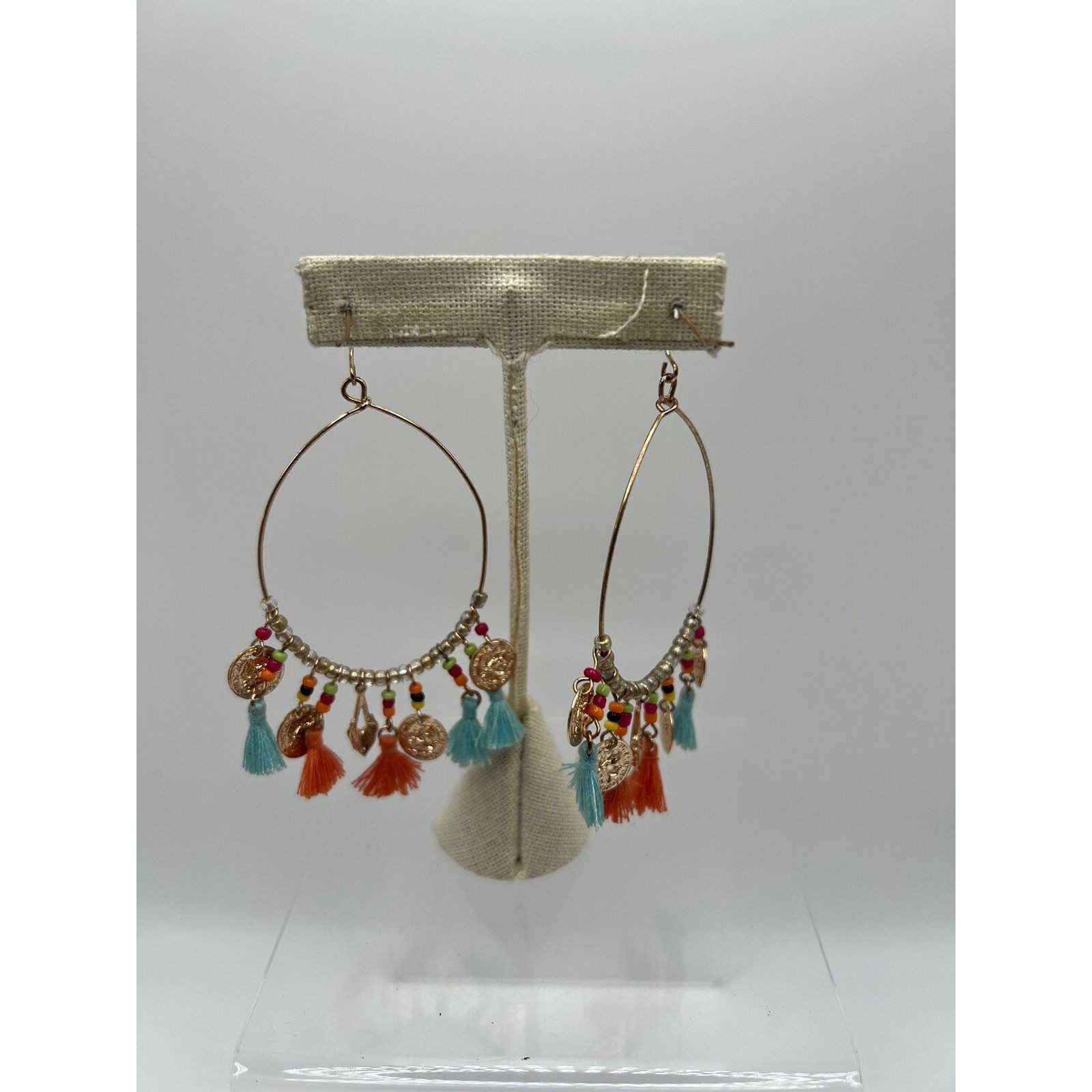 Coin Tassel Hoop Earrings Boho Festival Gypsy Teal Orange Gold Tone 3.5in