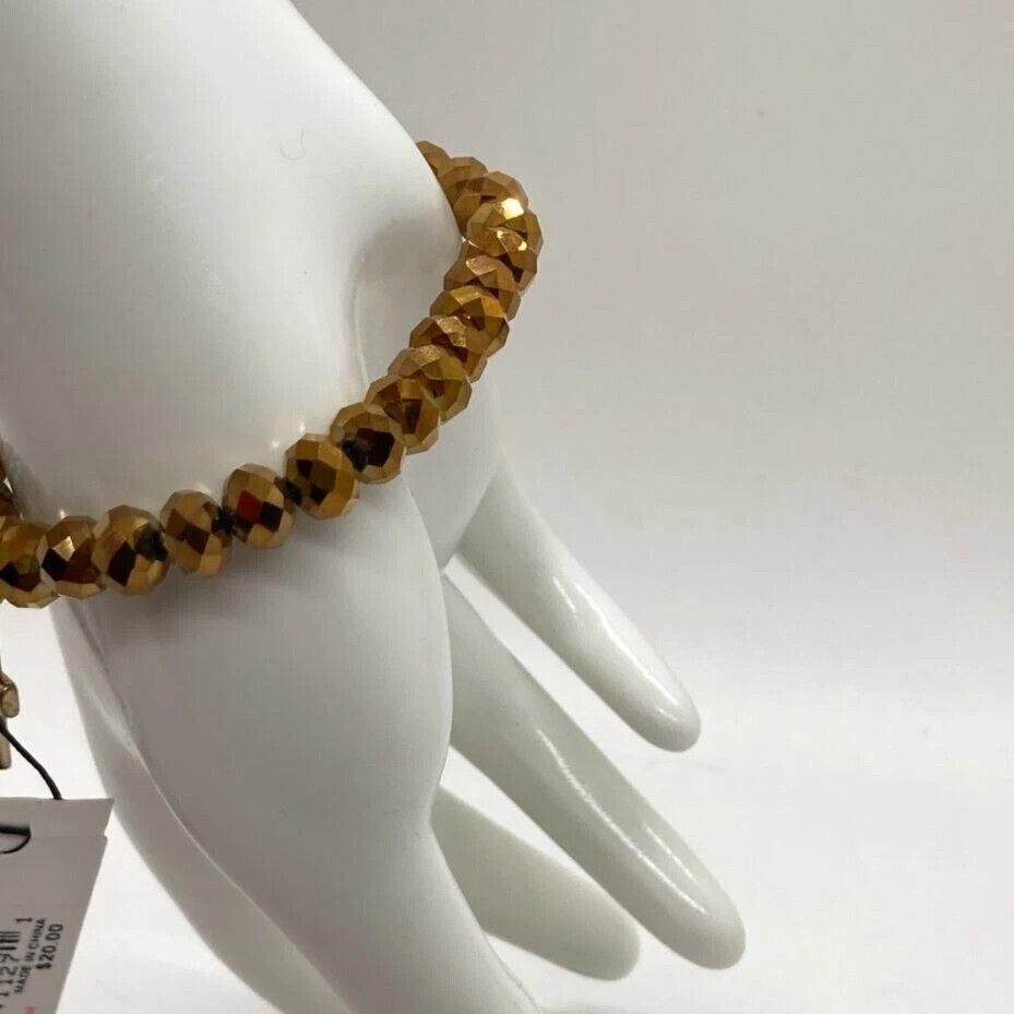 APT. 9 Gold Tone Stretch Bracelet with Faceted Beads & Green Pave Cross Charm