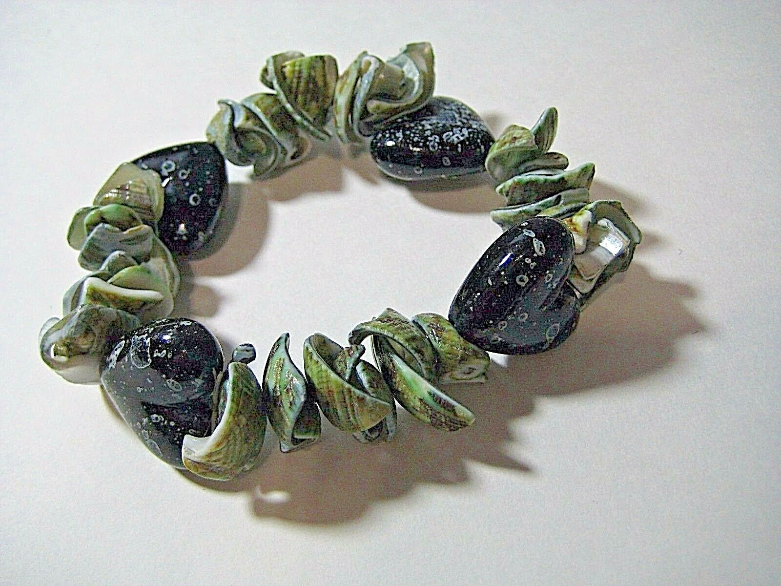 Hand made Stretch Bracelet Sea Shells Heart Shaped Stones Adult Size Large