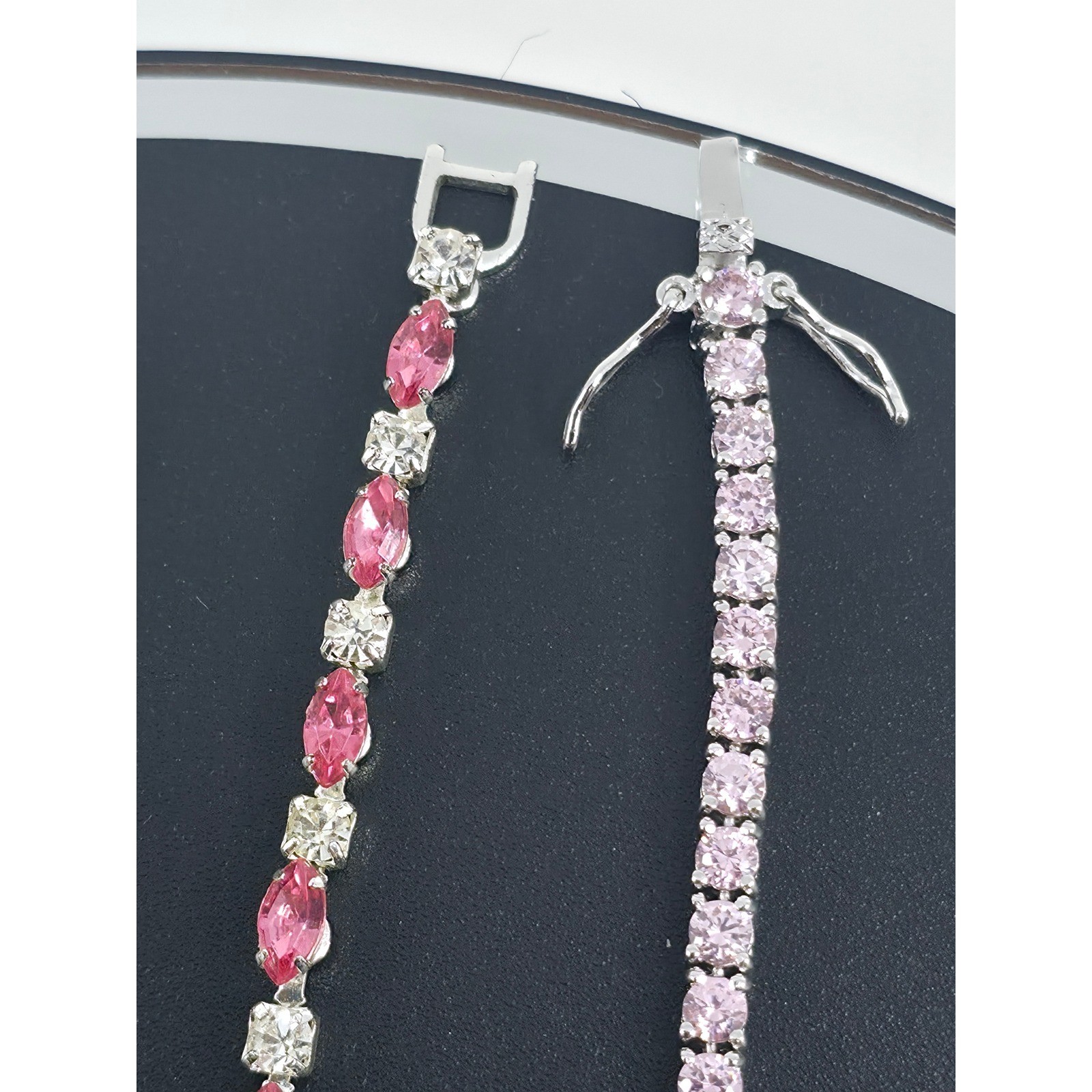 Women Silver Tone Tennis Bracelet Set 3PC Marquise Round Pink Green Stud Earring