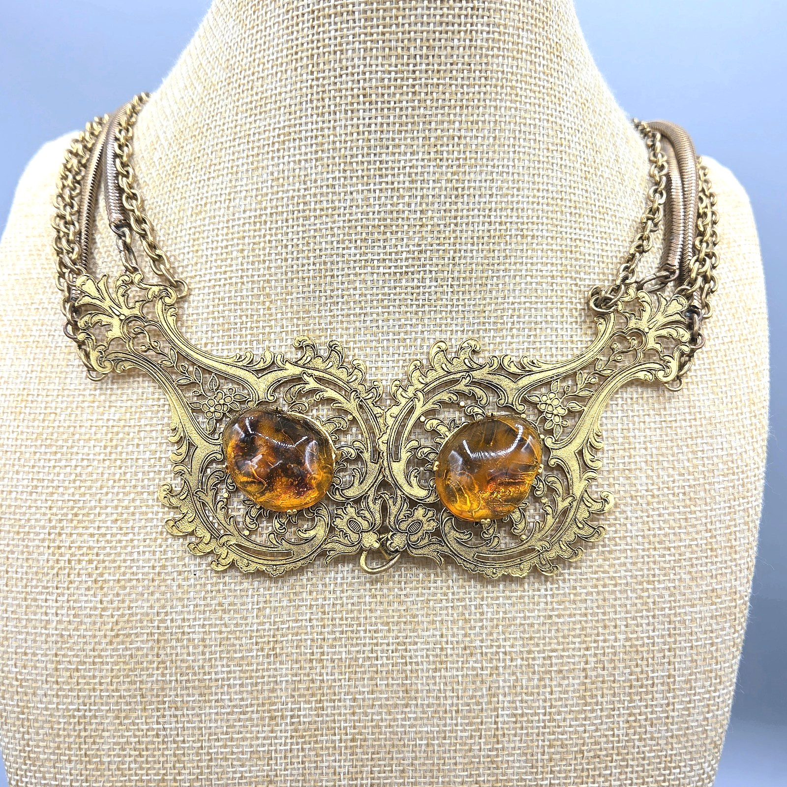 Woloch Paris Signed Couture Gilt Amber Gripoix Glass Chain Belt Necklace 32″