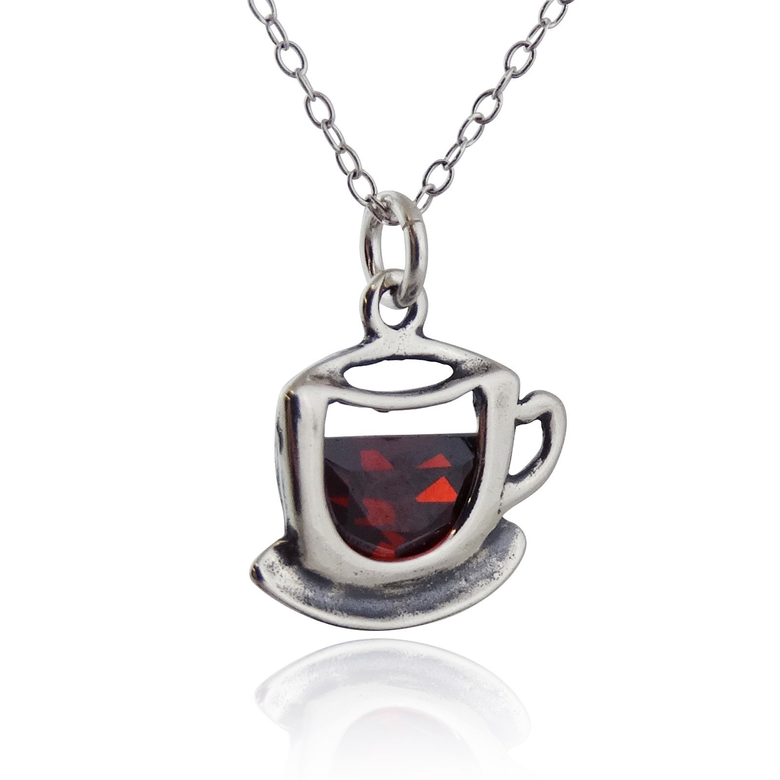 Sterling Silver Cup of Coffee or Tea Necklace with Cubic Zirconia & 18″ Chain