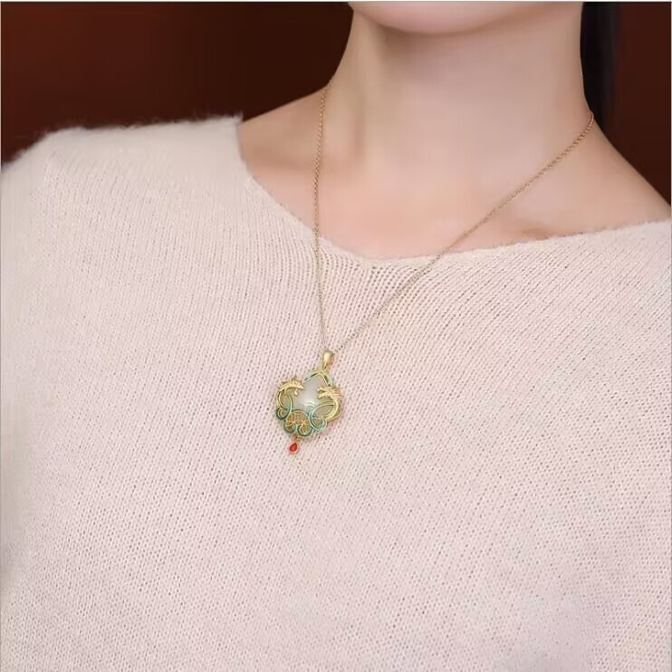 Jade Dragon Phoenix Shape Pendant Jewelry 18K Gold Plated Necklace 45CM Gift NEW