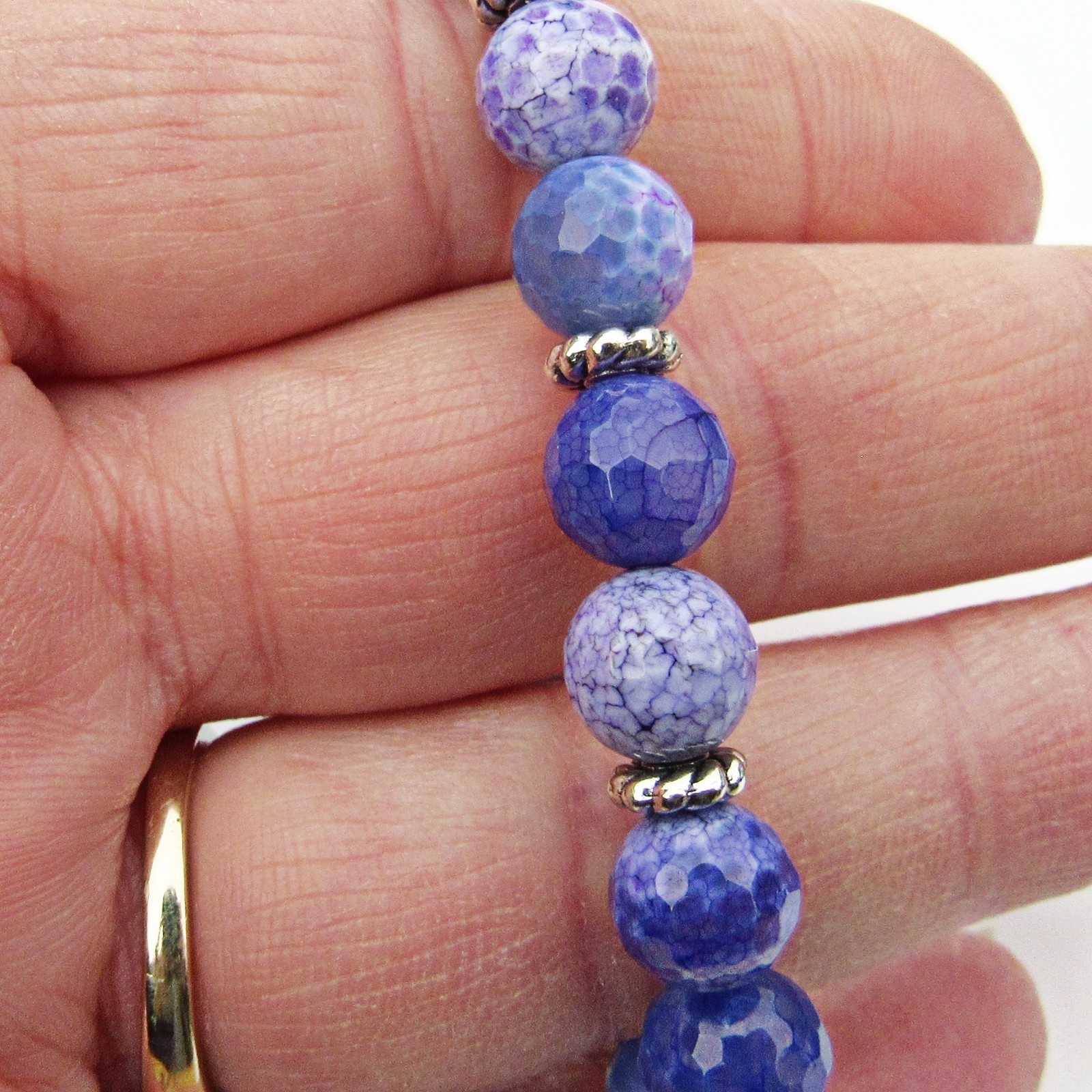 6 Inches Purple Faceted Crackle Fire Agate Stone Stretch Bracelet, Bird Bead