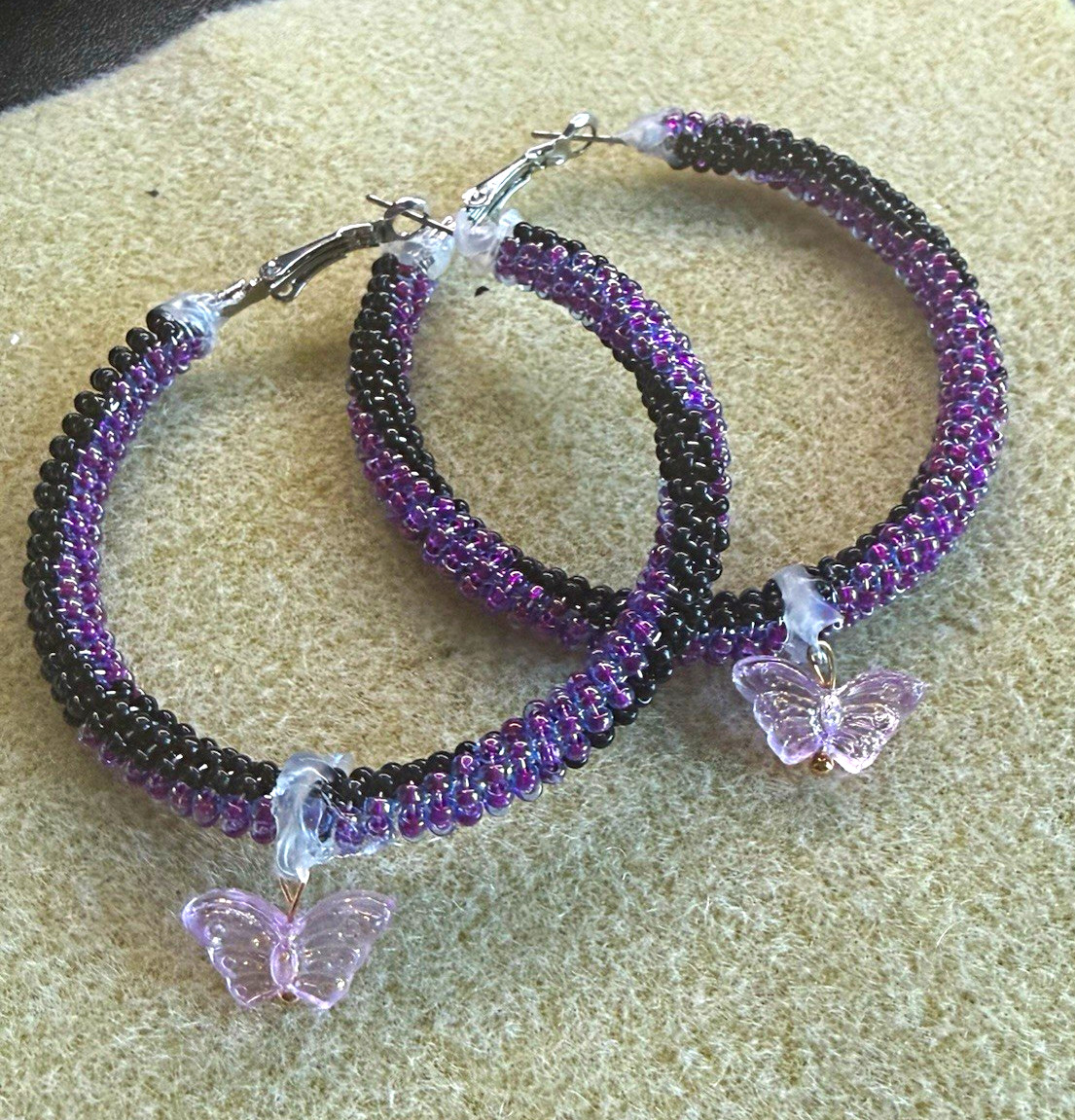 Beaded Hoop Earrings w/ Butterfly Dangle Charms Latch Back