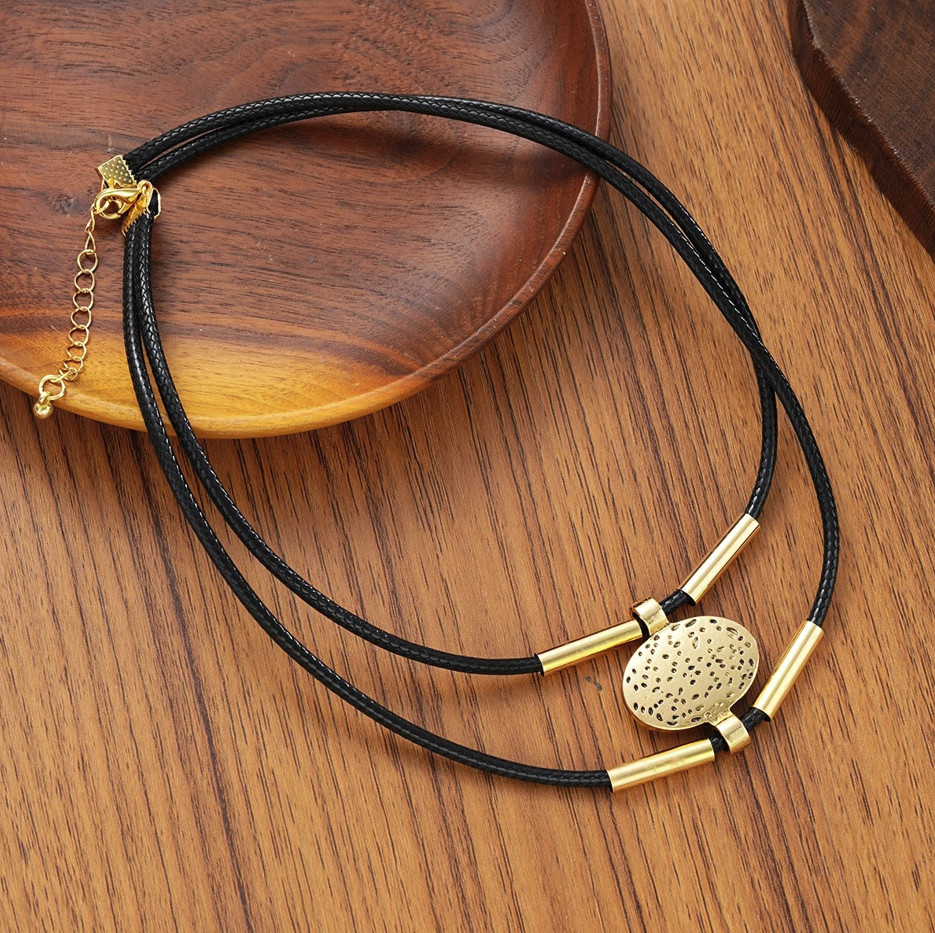 2pcs Vintage Oval Necklace Bracelet Set Gold Silver Faux Leather Chain – NEW