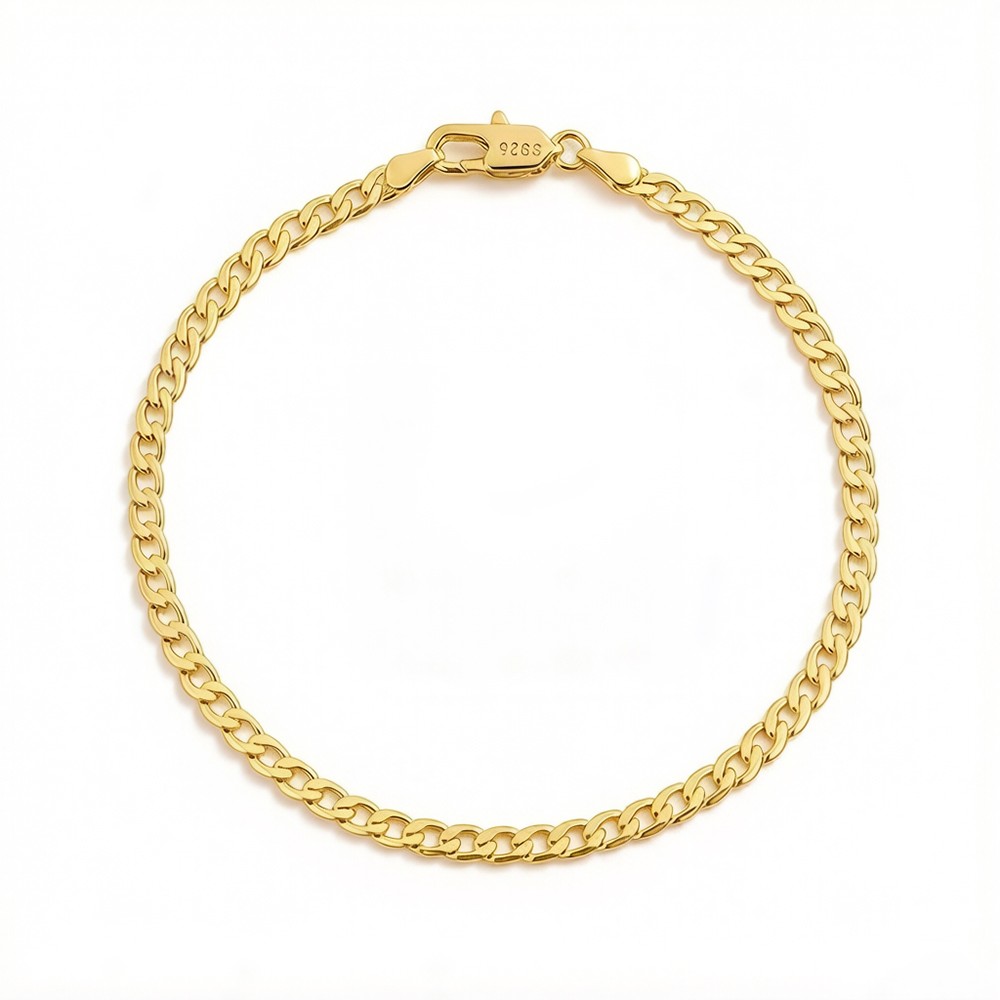 Flat & Thin 18K-GP 925 Sterling Silver 3mm Cuban Link Chain Bracelet Curb Chain