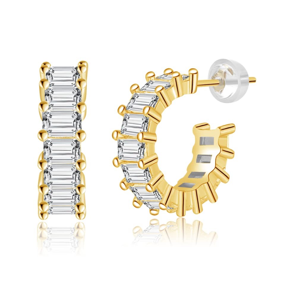 18K Gold Plated Open Hoop Earrings with Baguette Clear Crystal CZ for , 925 S…