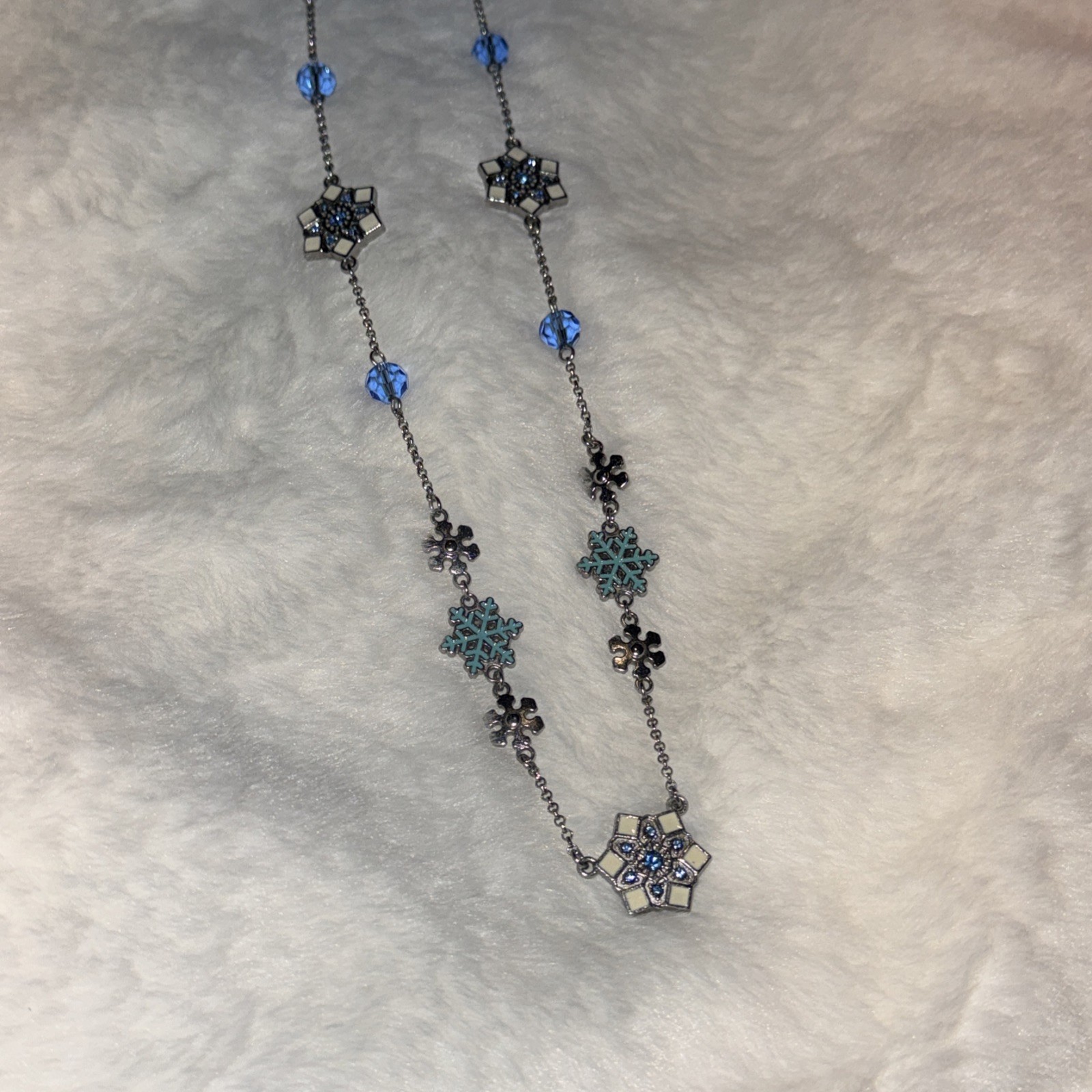 Vintage January Snowman Snowflake Layering Necklace 36 Inches Rhinestone Enamel