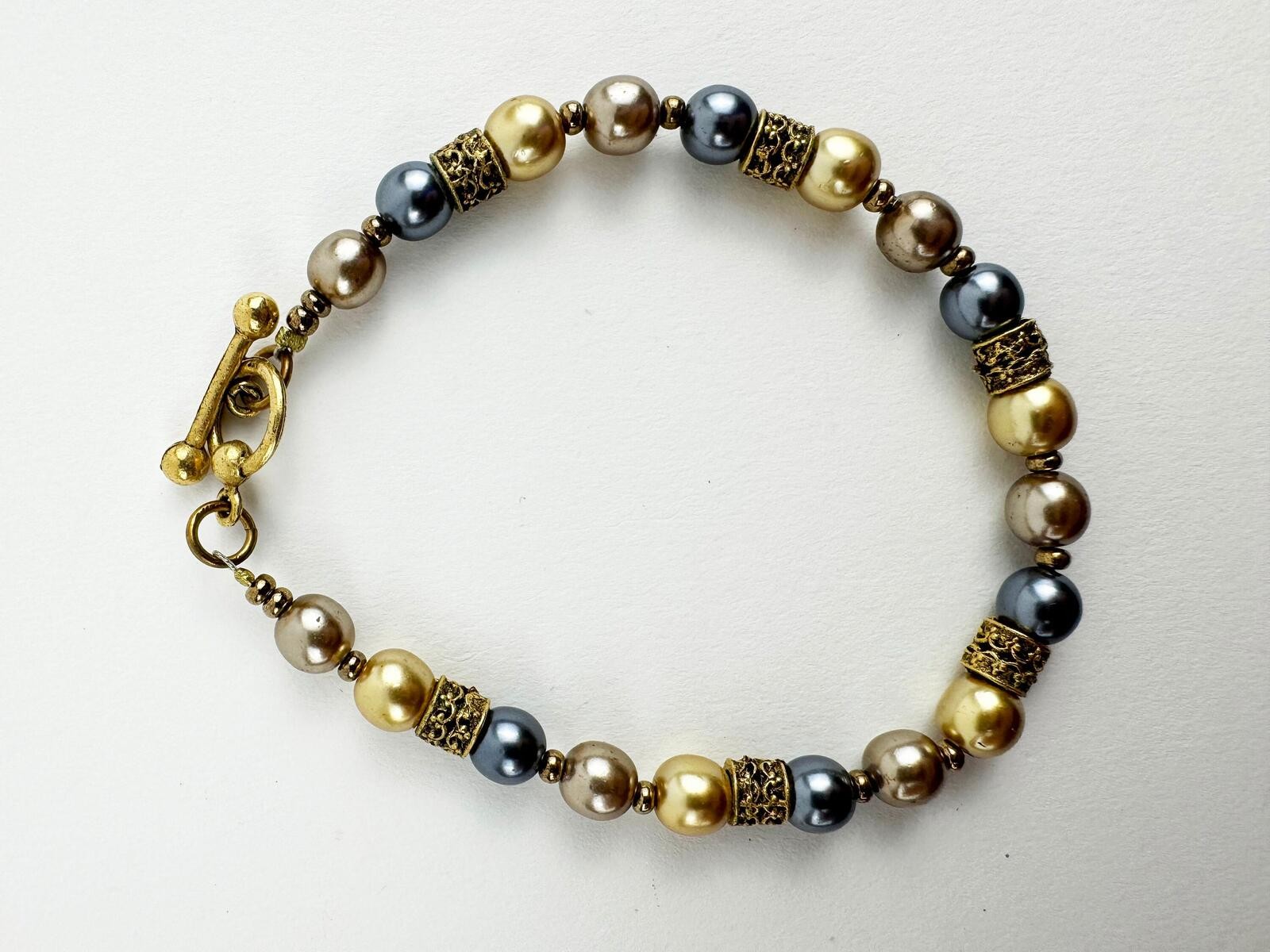 Gold Blue Rose Gold Glass Beads with Gold Spacers Unique Handmade Bracelet