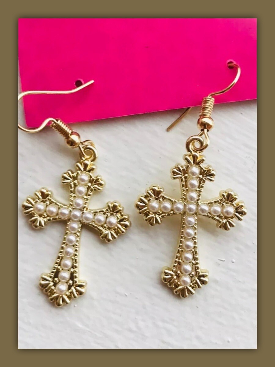 Betsey Johnson Yellow Enamel Crystal Pearl Crucifix Cross Dangle Earrings NWT