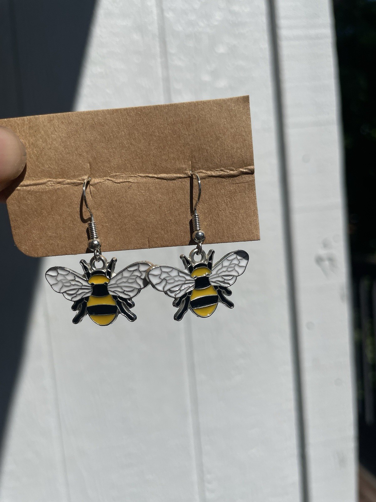 Silver Tone Yellow & Black Enamel Bee Dangle Drop Hook Earrings No Stone