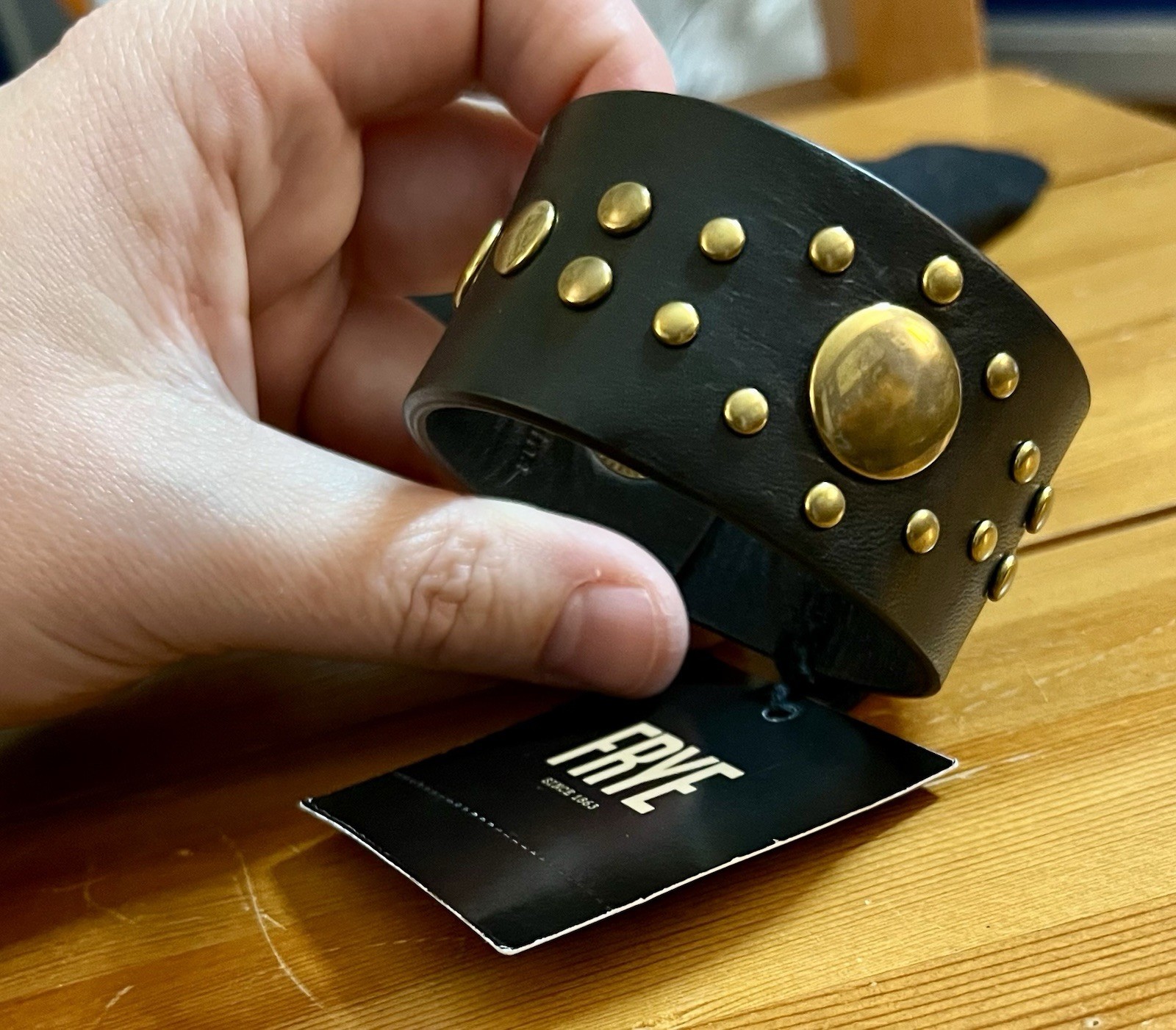 Frye Black Leather Cuff Bracelet Brass Studs Snap Closure