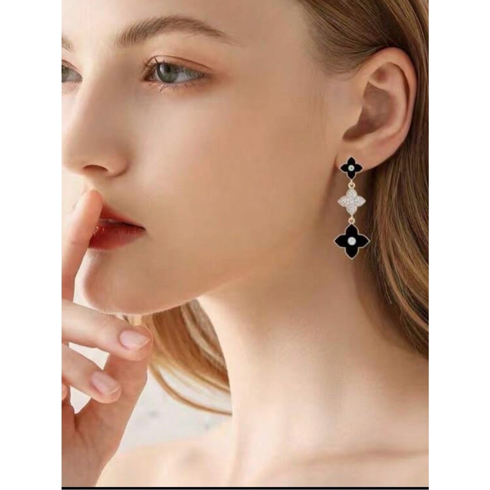 Elegant Black and Gold Floral Drop Earrings – Crystal Accent