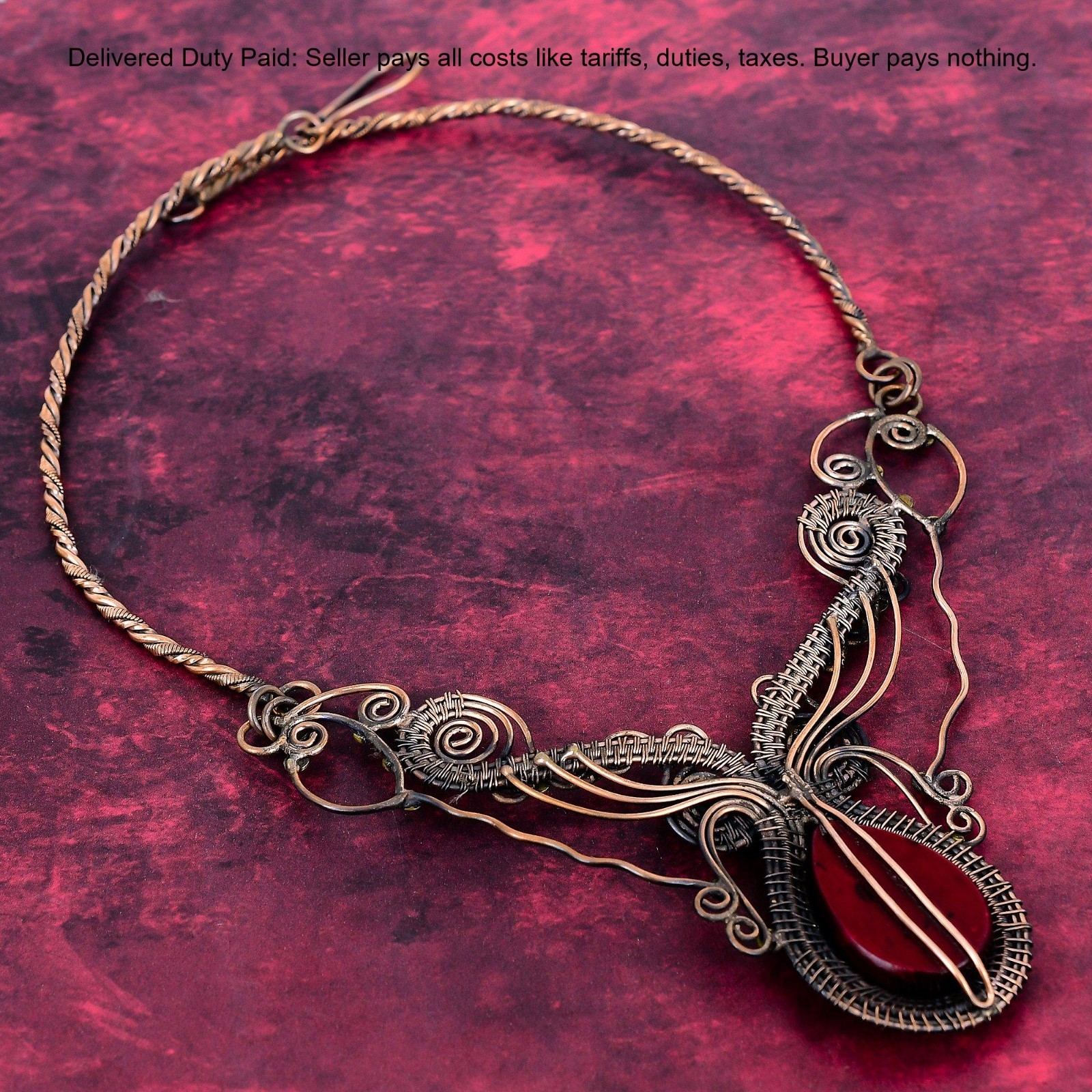 Red Fire Labradorite Gemstone Necklace Copper Wire Wrapped Adjustable Necklace