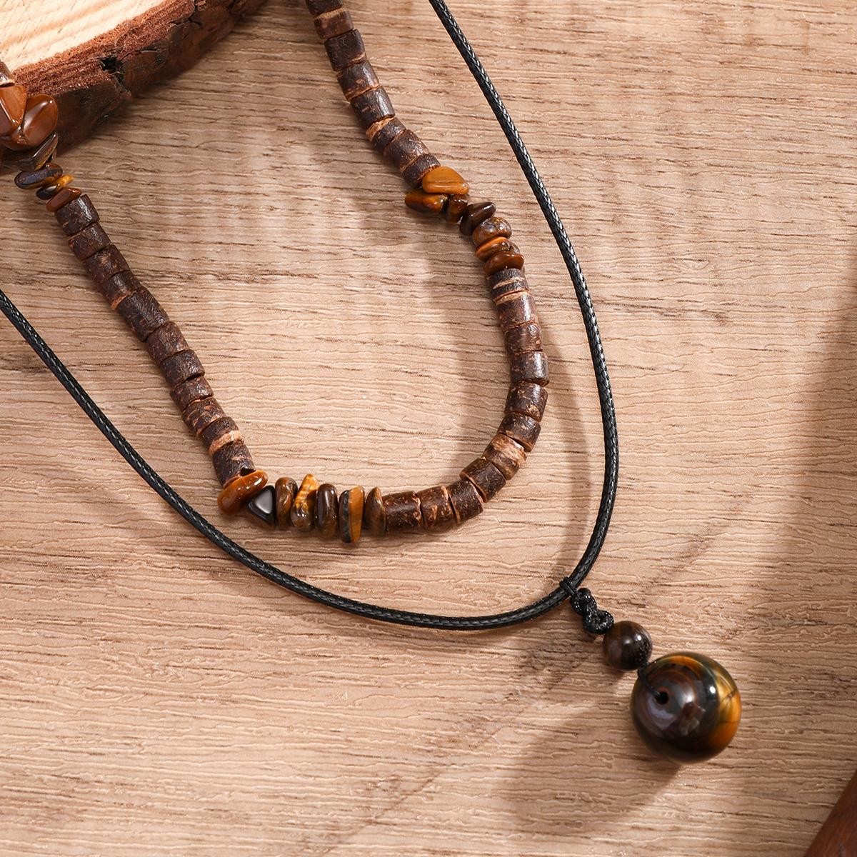 2pcs Boho Stone Pendant Necklaces Vintage Wood Bead Chokers for Men – Ethnic