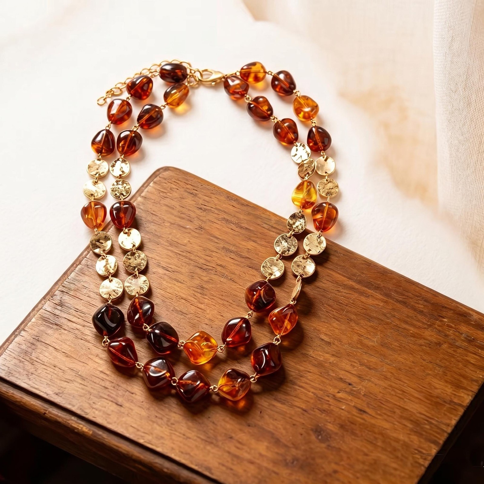Double Strand Amber or Green Jade Nugget Gold Disc Necklace, Two Beaded Choker