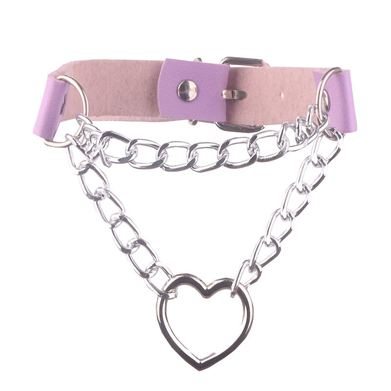 Gothic Punk Leather Chains Choker Collar with Heart Pendant Necklace Neckband