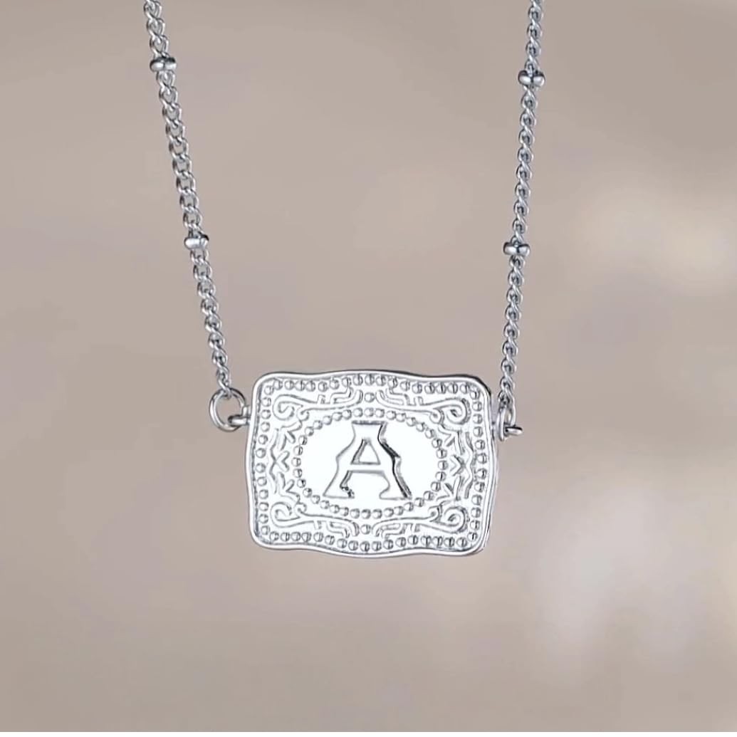 Mini Belt Buckle Necklace with Initial, Personalized Pendant Necklace Western…