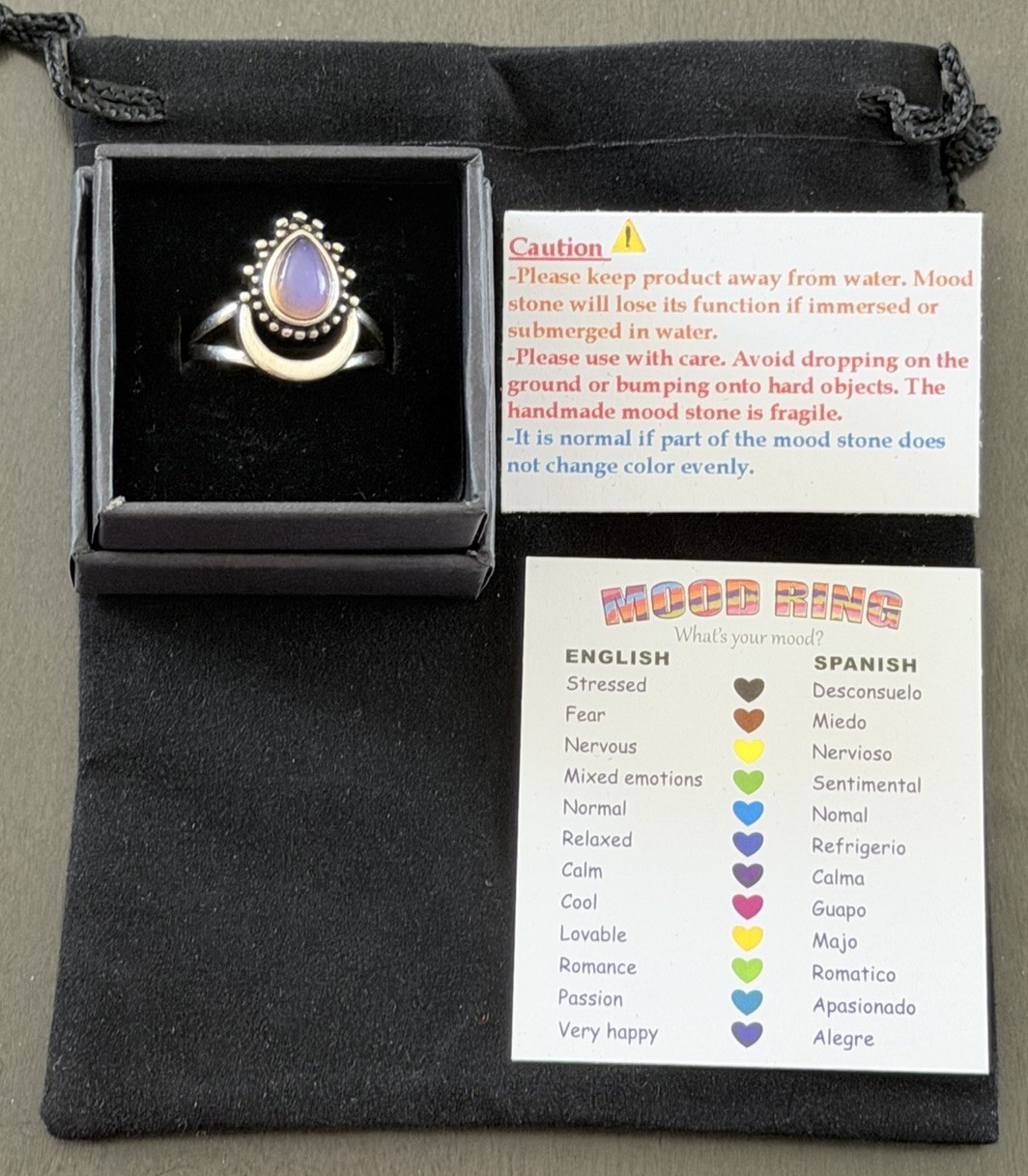 Sterling Silver Moon Teardrop Stone Mood Ring + Color Chart + Gift Box Size 7.5