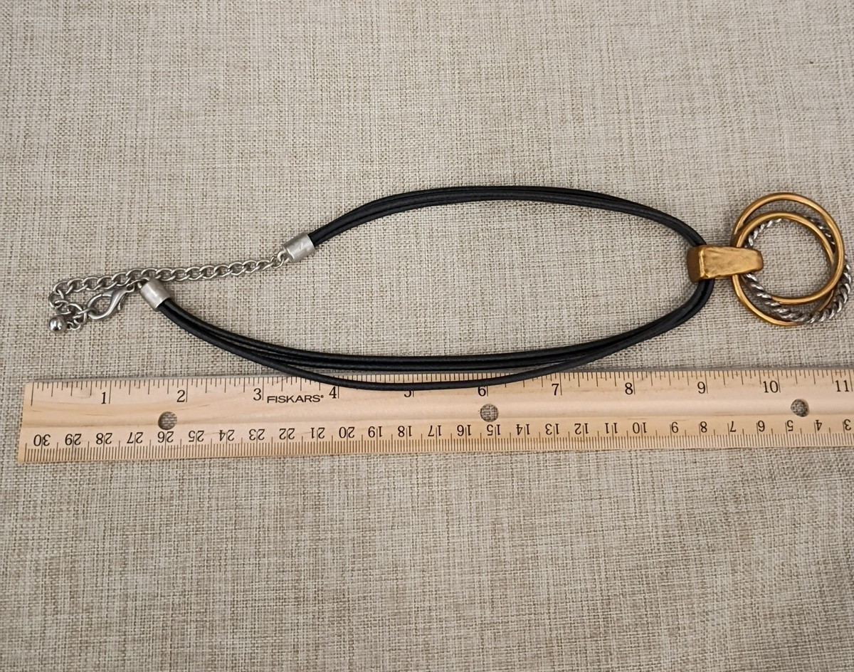 Mixed Metals Circle Pendant Gold Brass Silver Tone Black Cord Necklace Statement