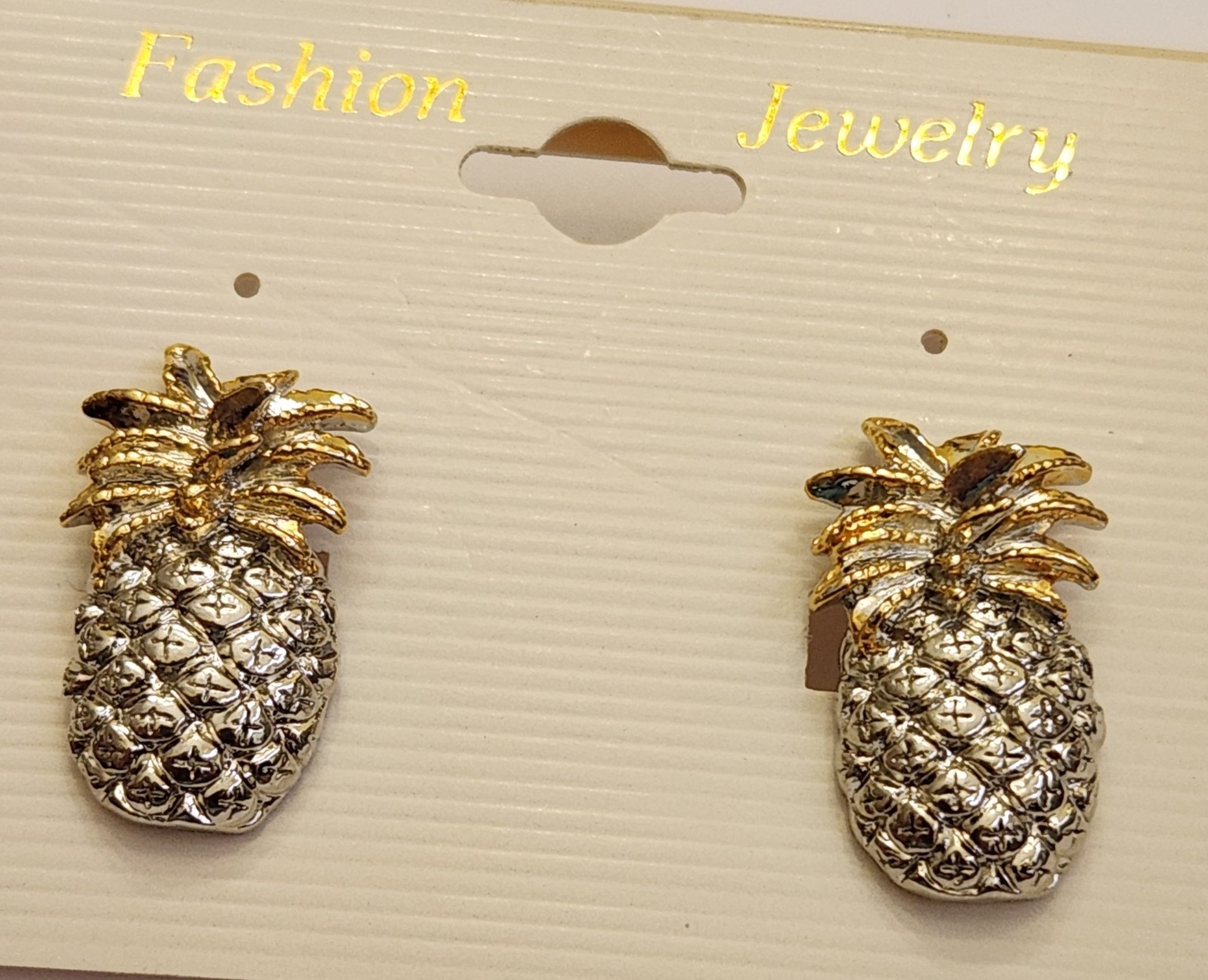 Pineapple Shaped 2 Tone Silver & Gold Stud Earrings On Card