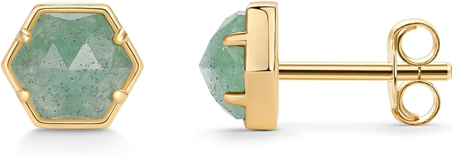 PAVOI 14K Gold Plated Hexagon Gemstone Stud Earrings for Women | Natural Birthst