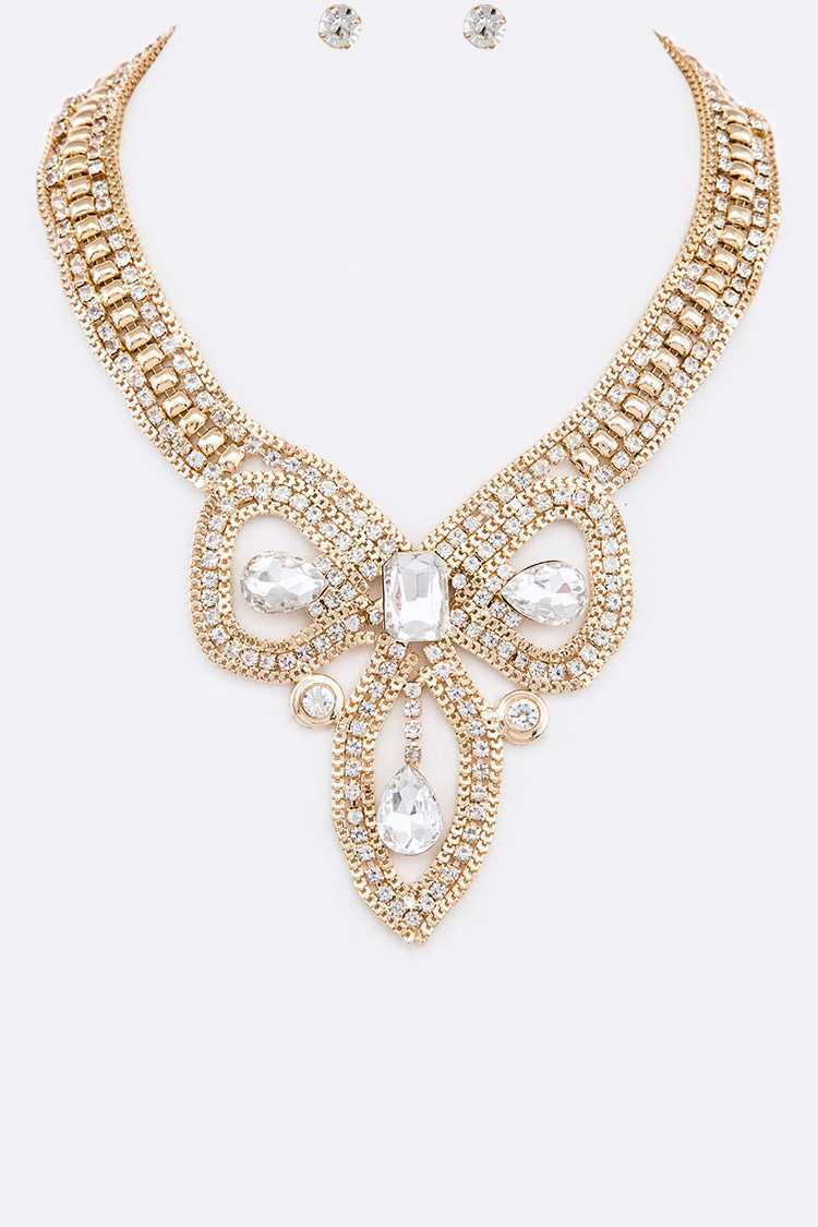 Wedding Statement Necklace Earrings Set Gold Tone Bridal Pageant