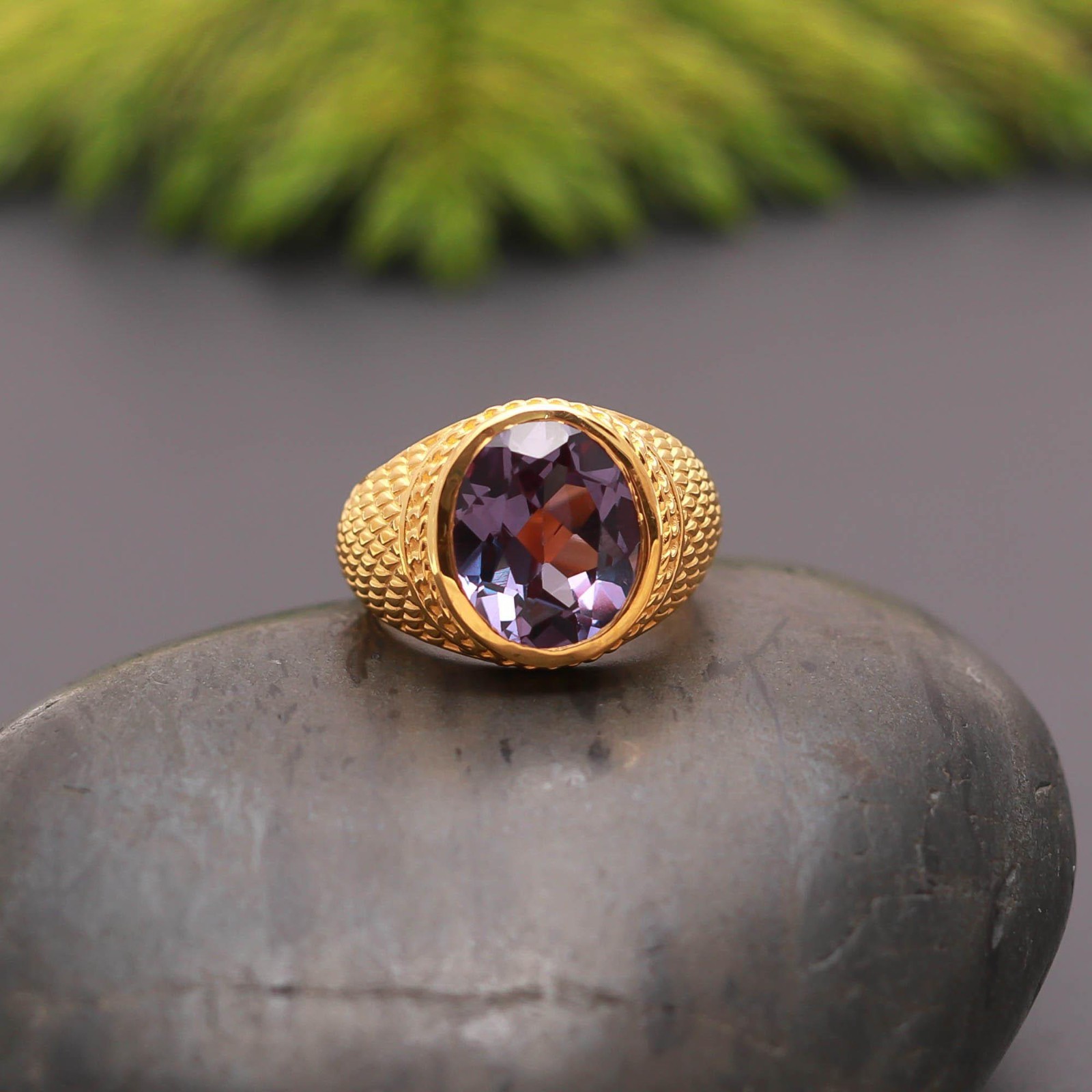 Color Changing Alexandrite Oval Ring 925 Sterling Silver Gold Plated Jewelry