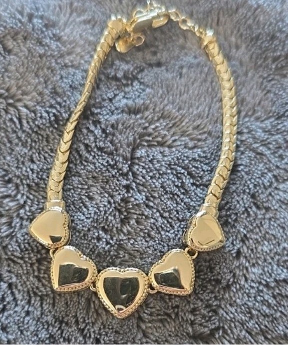 14k Gold Plated Heart Charm Chain Bracelet, Lobster Closure, Adjustable