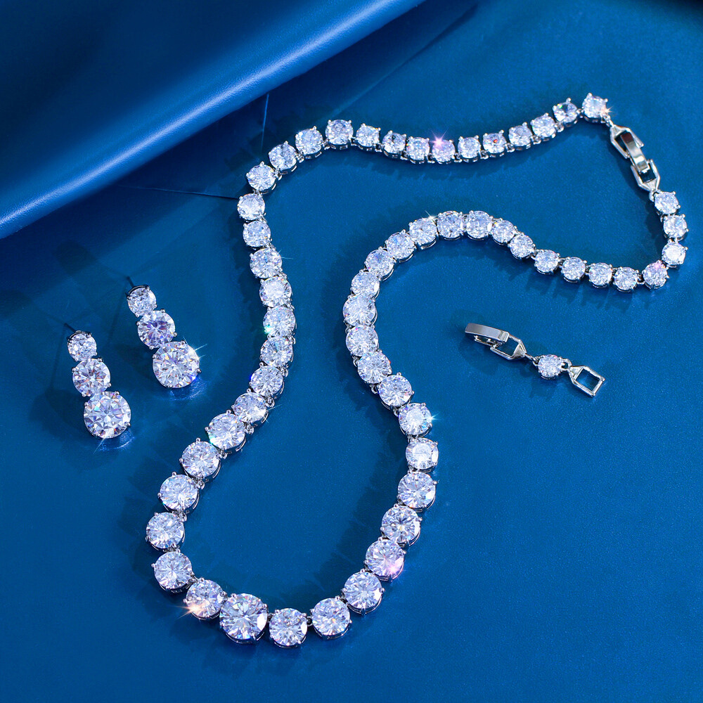 Round Cubic Zirconia Tennis Necklace Earrings Silver Plated Wedding Jewelry Set