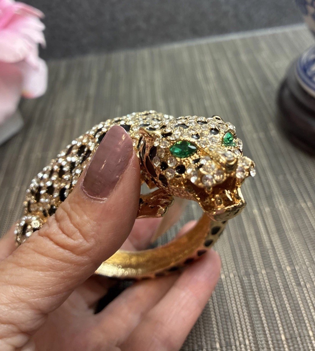 Natasha Gold Leopard Panther Cuff Bracelet Rhinestone, Enamel Green Eyes.