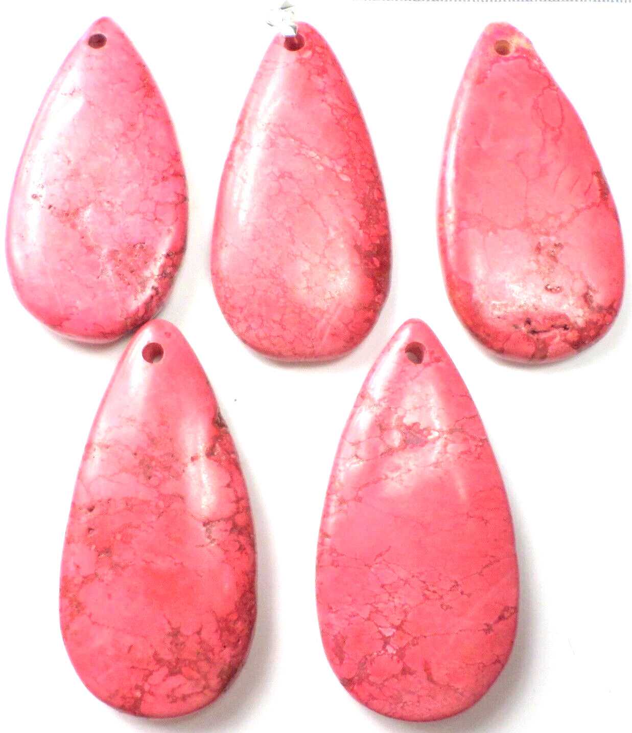 5 Huge Deep Pink Magnesite Teardrops Gemstone Cabochon Bead Pendants 60x30x8mm