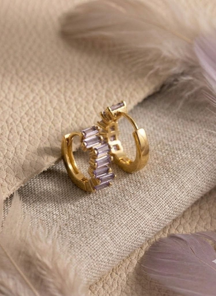 Elegant Lavender Amethyst Baguette Huggie Hoop Earring In 925 Sterling Silver